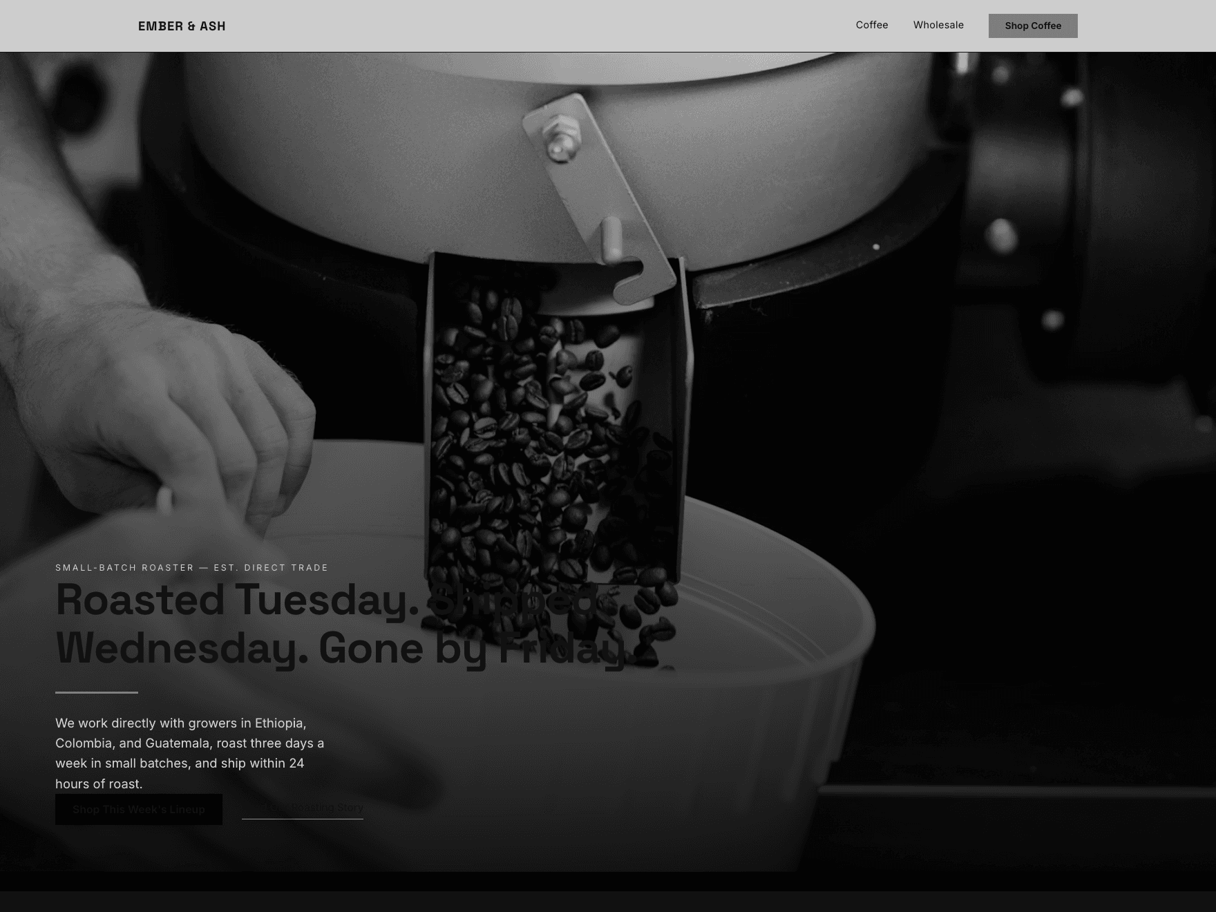 The Ember & Ash Coffee Roasters site built by HeyPage